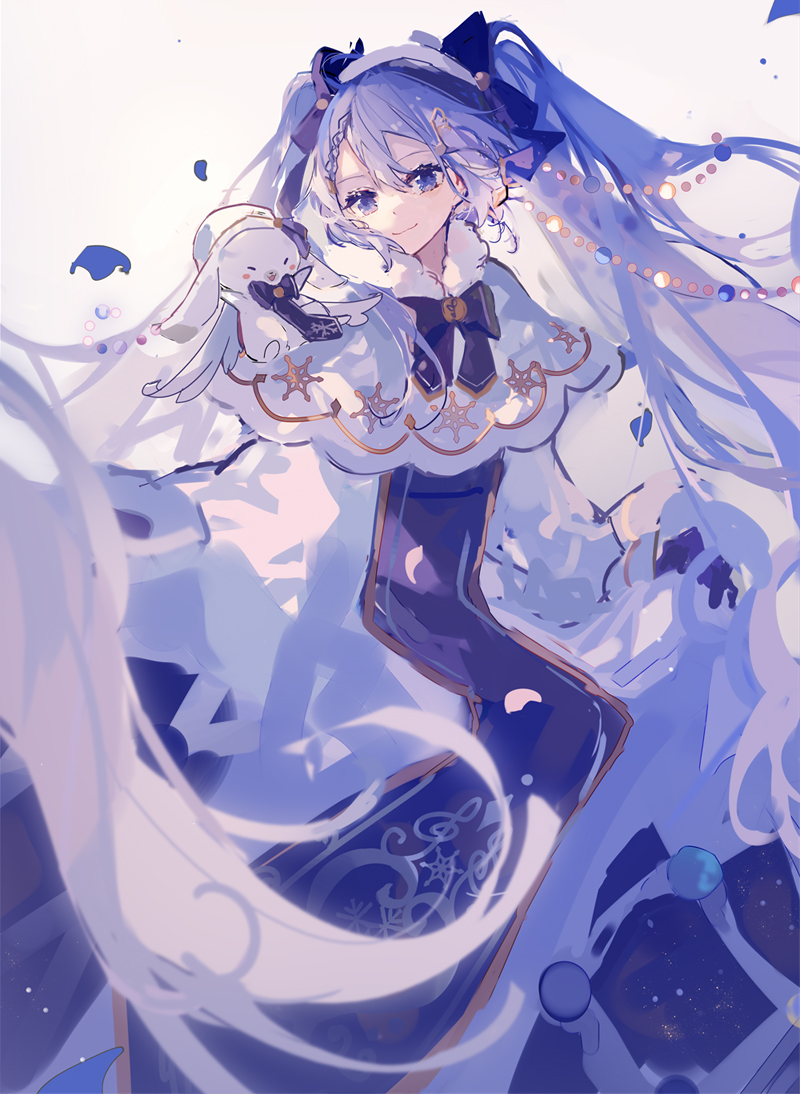 1girl 1other bass_clef beret blue_bow blue_eyes blue_gloves blue_hair blue_neckwear blue_tabard bow bowtie rabbit capelet dress fur-trimmed_capelet fur_trim gloves gold_trim hair_bow hair_ornament hairclip hat hatsune_miku long_hair looking_at_viewer mamenomoto rabbit_yukine sketch skirt_hold smile snowflake_print tabard treble_clef twintails very_long_hair vocaloid white_background white_capelet white_dress white_headwear yuki_miku yuki_miku_(2021)