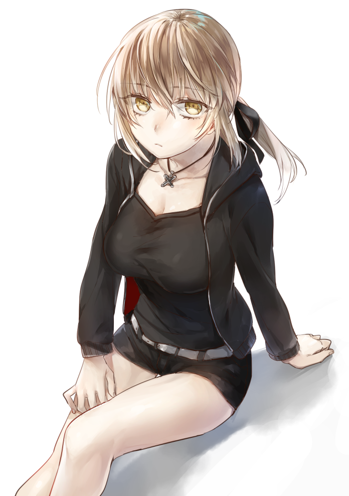 1girl artoria_pendragon_(fate) blonde_hair fate/grand_order fate_(series) jacket jewelry necklace niimaru official_alternate_costume ponytail saber_(fate) saber_alter saber_alter_(ver._shinjuku_1999) saber_alter_(ver._shinjuku_1999)_(fate) shorts sitting yellow_eyes