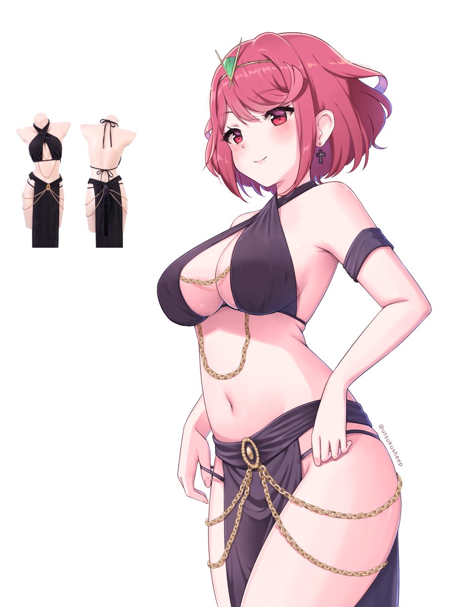 1girl armband black_armband breasts chain criss-cross_halter cross cross_earrings earrings gold_chain halterneck highres jewelry large_breasts meme_attire navel pelvic_curtain photo-referenced pyra_(xenoblade) red_eyes red_hair reference_inset short_hair solo swept_bangs tiara utsukusheep white_background xenoblade_chronicles_(series) xenoblade_chronicles_2 yomorio_lingerie