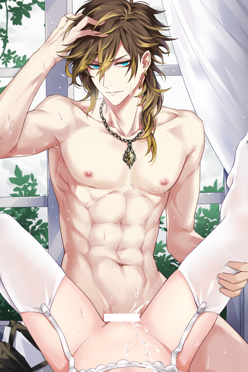 1boy 1girl abs bar_censor bishounen black_star_-theater_starless- blue_eyes censored character_request devil_heavens earrings female_pov garter_belt garter_straps hand_in_own_hair hetero highres jewelry long_hair male_focus missionary necklace nipples pectorals pov pov_crotch serratus_anterior sex sweat vaginal