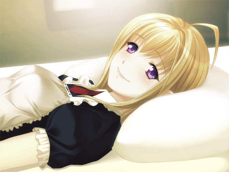 1girl ahoge anna_(gekkou_no_carnevale) apron black_shirt blonde_hair closed_mouth frilled_sleeves frills game_cg gekkou_no_carnevale hair_between_eyes hair_intakes long_hair lying on_back oosaki_shin&#039;ya pillow purple_eyes shirt short_sleeves smile solo straight_hair upper_body white_apron