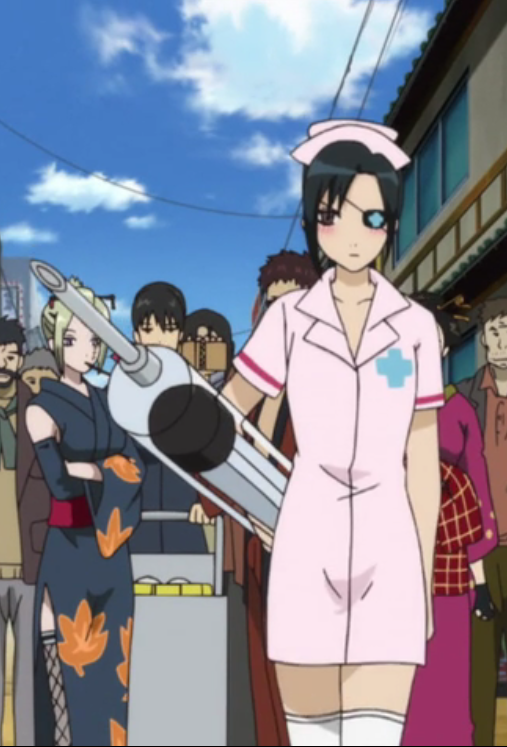 black_hair blush cosplay crowd eyepatch gintama hat nurse nurse_cap screencap syringe thighhighs tsukuyo_(gintama) yagyuu_kyuubei zettai_ryouiki