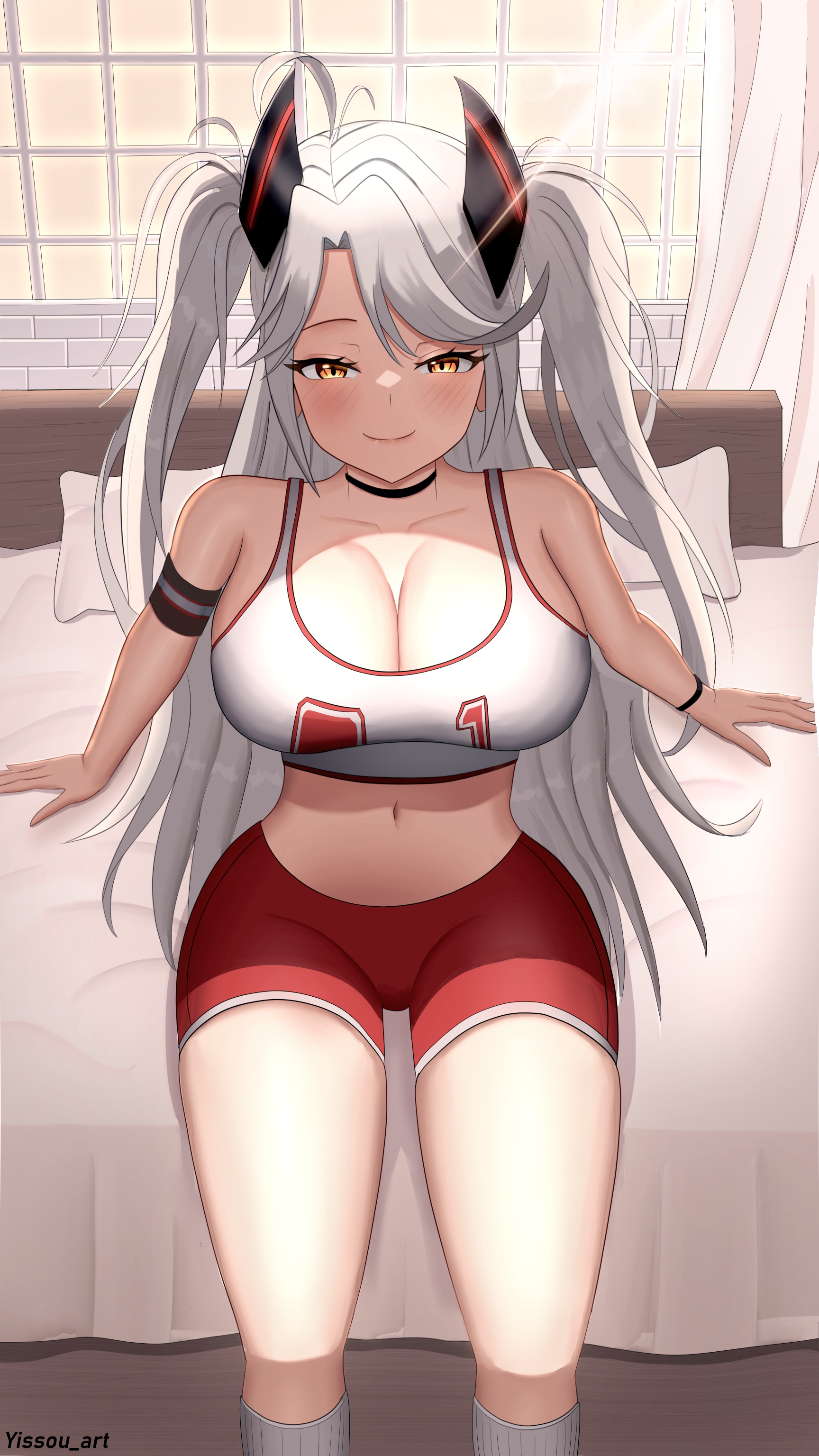 1girl absurdres azur_lane bare_shoulders bed bedroom blush breasts cleavage hair_ornament headgear highres large_breasts long_hair looking_at_viewer multicolored_hair navel ponytail prinz_eugen_(azur_lane) prinz_eugen_(brilliant_touchdown)_(azur_lane) sitting smile solo streaked_hair twitter_username yissou_art