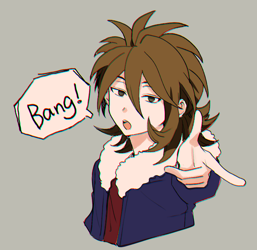 1boy bang_(gesture) blue_jacket brown_hair chromatic_aberration commentary_request cropped_torso english_text finger_gun fur-trimmed_jacket fur_trim green_eyes grey_background hair_between_eyes isoi_reiji jacket long_sleeves male_focus medium_hair medu_(rubish) open_clothes open_jacket open_mouth red_shirt saibou_shinkyoku shirt simple_background solo