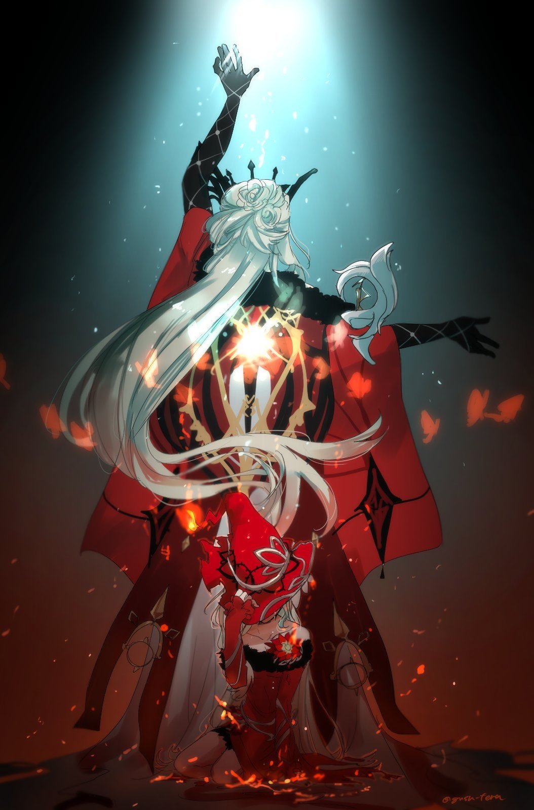 1girl arm_up bare_shoulders black_gloves blonde_hair cape crimson_lotus_moth_(genshin_impact) delusion_(genshin_impact) dress elbow_gloves fishnet_gloves fishnets flower from_behind fur_trim genshin_impact gloves gnsn_tera hand_on_own_hat hat highres long_hair mask multiple_views red_cape red_dress red_flower signora_(crimson_witch_of_embers)_(genshin_impact) signora_(genshin_impact) spotlight studded_gloves very_long_hair witch_hat