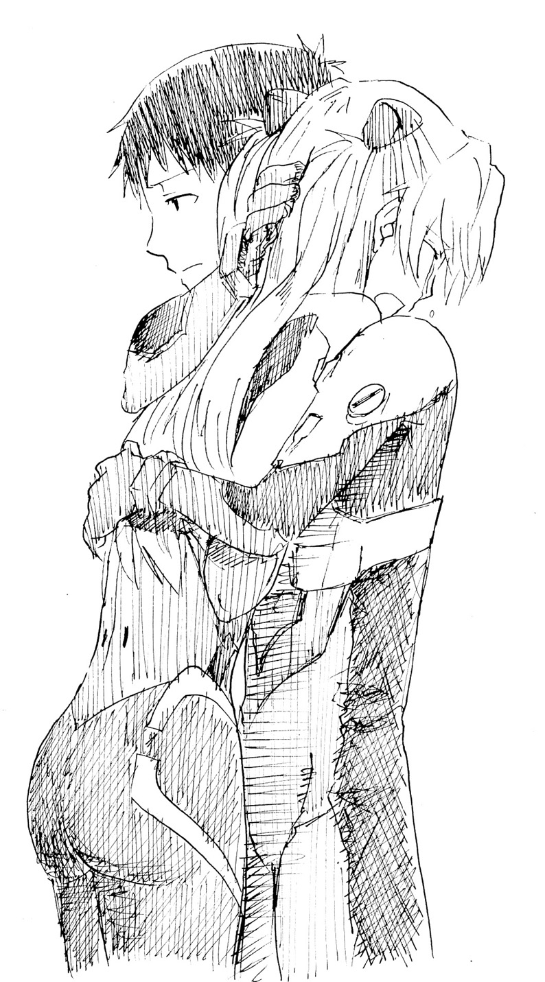 1boy 1girl bodysuit closed_eyes comforting crying evangelion:_3.0_you_can_(not)_redo hand_on_another&#039;s_head highres hug ikari_shinji interface_headset_(evangelion) long_hair mecha_pilot_suit monochrome neon_genesis_evangelion plugsuit_(evangelion) rebuild_of_evangelion souryuu_asuka_langley suimame tears