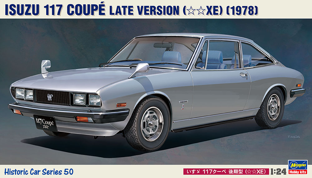 artist_name box_art car copyright_name hasegawa_(hobby_kits) isuzu_117_coupe isuzu_motors logo motor_vehicle no_humans official_art shadow solo vehicle_focus vehicle_name wada_takayoshi