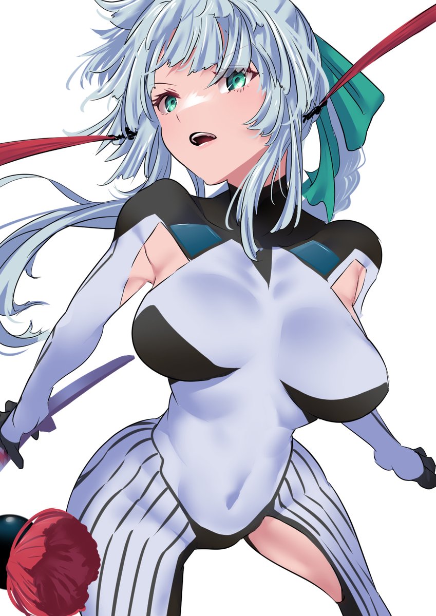 1girl armpit_cutout black_bodysuit bodysuit braid braided_hair_rings breasts clothing_cutout covered_navel earrings fate/grand_order fate/samurai_remnant fate_(series) green_eyes hair_ribbon hair_rings highres jewelry katana large_breasts long_hair looking_at_viewer open_mouth ponytail ribbon sidelocks solo sword thigh_cutout thighs two-tone_bodysuit weapon white_bodysuit white_hair yakuoyoso yui_shousetsu_(fate) yui_shousetsu_(first_ascension)_(fate)