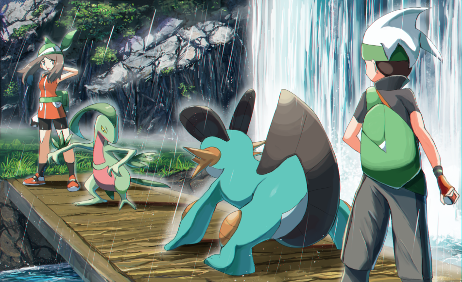 1boy 1girl bad_id bad_twitter_id bandana beanie bike_shorts black_legwear brendan_(pokemon) brendan_(pokemon_emerald) bridge commentary_request gen_3_pokemon gloves grass green_bandana grovyle hand_up hat holding holding_poke_ball may_(pokemon) may_(pokemon_emerald) nintendo poke_ball poke_ball_(basic) pokemon pokemon_(creature) pokemon_emerald pokemon_rse rain rowdon shoes socks swampert water waterfall white_headwear