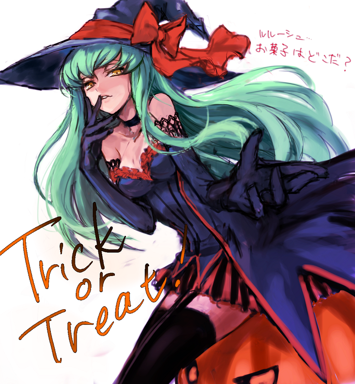 1girl bow breasts c.c. c_(rahit) choker code_geass costume elbow_gloves female_focus garter_straps gloves green_hair halloween hat jack-o&#039;-lantern long_hair rahit skirt solo thighhighs translated trick_or_treat witch witch_hat yellow_eyes