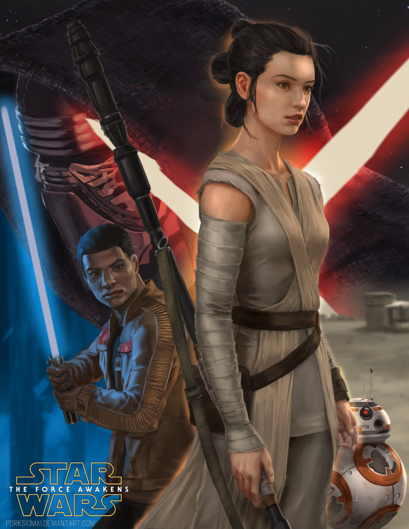 1girl 2boys antennae bad_id bad_pixiv_id bb-8 copyright_name crossguard_lightsaber dark-skinned_male dark_skin energy_sword finn_(star_wars) hood jacket kylo_ren lightsaber mask multiple_boys pxvx realistic rey_(star_wars) robot science_fiction staff star_wars star_wars:_the_force_awakens sword watermark weapon web_address