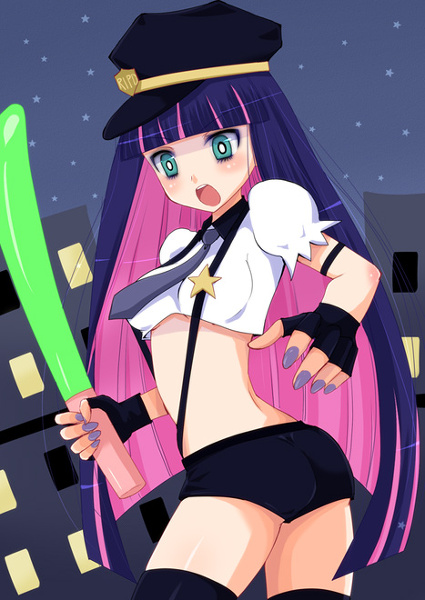 10s 1girl badge blush breasts dildo female_focus green_eyes hat image_sample kay kay_(utd) long_hair multicolored_hair nail_polish navel open_mouth outdoors panty_&amp;_stocking_with_garterbelt pixiv_sample police police_uniform resized sex_toy shorts sky solo stocking_(psg) thighhighs two-tone_hair very_long_hair