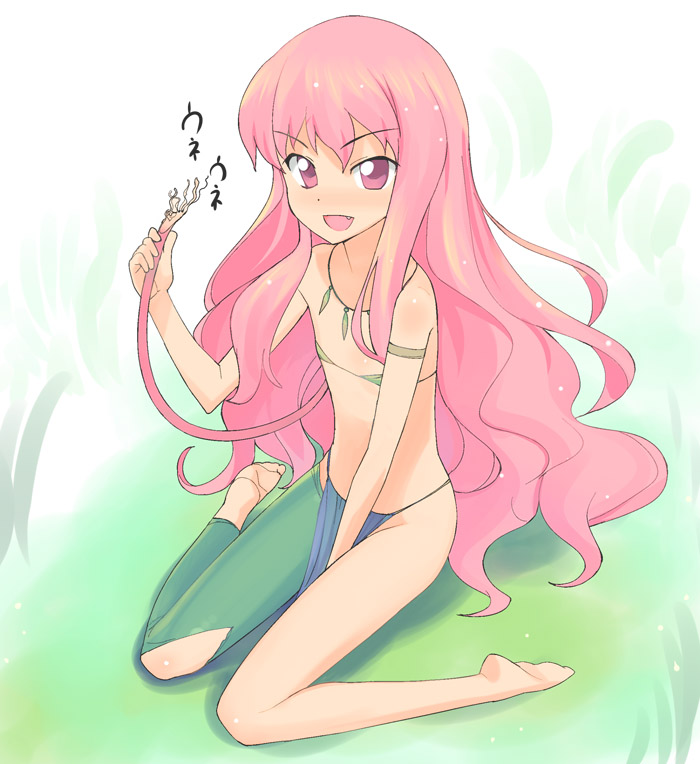 1girl a1_(initial-g) avatar_(2009_movie) barefoot bikini bikini_top_only crossover fang feet female_focus flat_chest james_cameron&#039;s_avatar loincloth long_hair louise_francoise_le_blanc_de_la_valliere open_mouth parody petite pink_eyes pink_hair single_thighhigh sitting solo swimsuit thighhighs very_long_hair wariza zero_no_tsukaima
