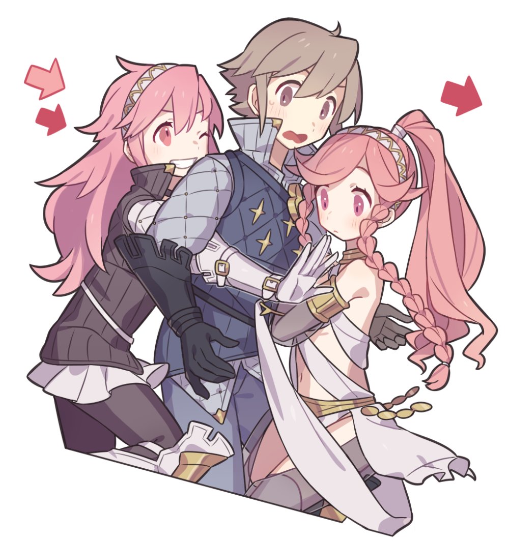 1boy 2girls arrow_(symbol) brown_eyes brown_hair dancer father_and_daughter fire_emblem fire_emblem_awakening fire_emblem_fates gambeson grandmother_and_granddaughter haconeri hairband hug hug_from_behind laslow_(fire_emblem) long_hair mother_and_son multiple_girls navel nintendo olivia_(fire_emblem) one_eye_closed pink_eyes pink_hair ponytail short_hair smile soleil_(fire_emblem) teeth white_background