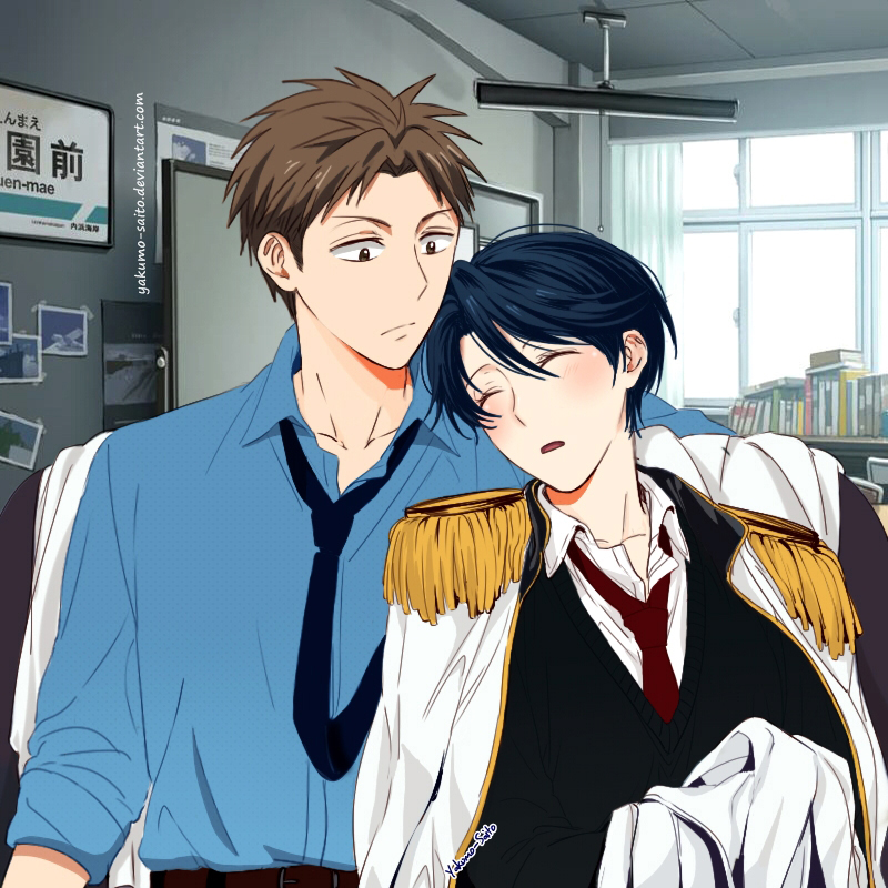 1boy 1girl artist_name black_hair black_neckwear blue_shirt book brown_eyes brown_hair epaulettes gekkan_shoujo_nozaki-kun hetero hori_masayuki indoors kashima_yuu necktie open_mouth photo_(object) red_neckwear shirt sleeping upper_body watermark web_address window yakumo-saito