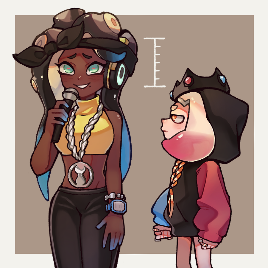 2girls a_very_happy_potato bandana cephalopod_eyes collared_vest colored_skin cropped_vest crown dark-skinned_female dark_skin envy height_conscious height_difference inkling looking_at_another marina_(kyoto_mix)_(splatoon) marina_(splatoon) mask meme mole mole_under_mouth multicolored_skin multiple_girls nintendo octoling pearl_(kyoto_mix)_(splatoon) pearl_(splatoon) pink_pupils size_difference suction_cups tentacle_hair vest
