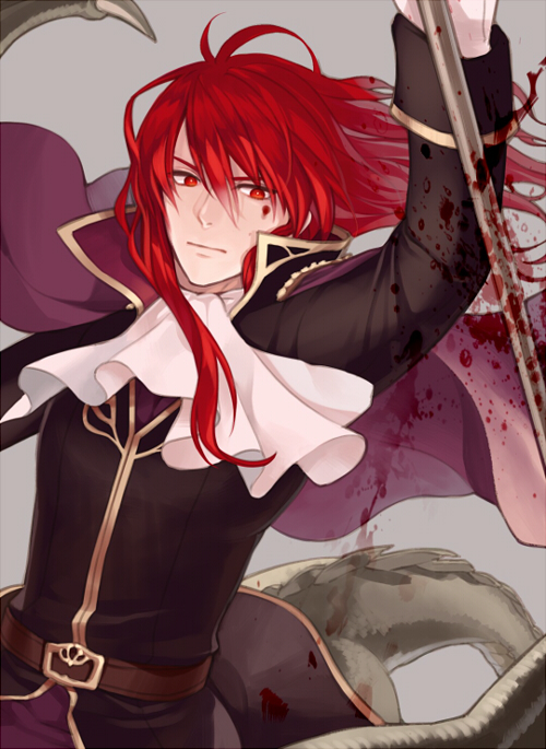 1boy belt cape dragon dragon_tail fire_emblem fire_emblem:_mystery_of_the_emblem grey_background kiyuu long_hair male_focus misheil_(fire_emblem) nintendo red_eyes red_hair simple_background tail upper_body