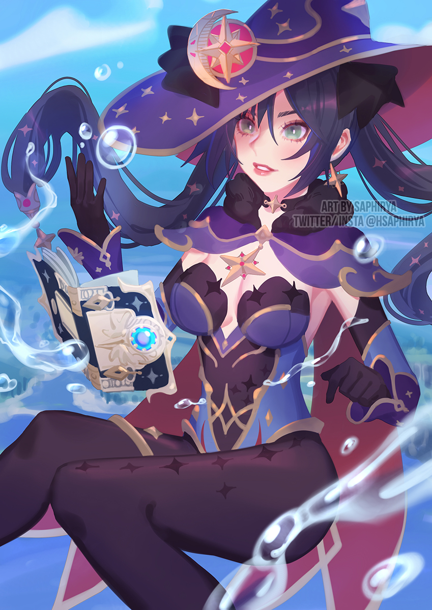 1girl black_hair blue_leotard bodystocking bodysuit bodysuit_under_clothes book bubble earrings fur_collar genshin_impact gold_trim green_eyes hat hat_ornament highleg highleg_leotard highres jewelry leotard long_hair mona_(genshin_impact) pantyhose purple_hat purple_leotard saphirya solo sparkle_print star_(symbol) star_earrings twintails witch witch_hat