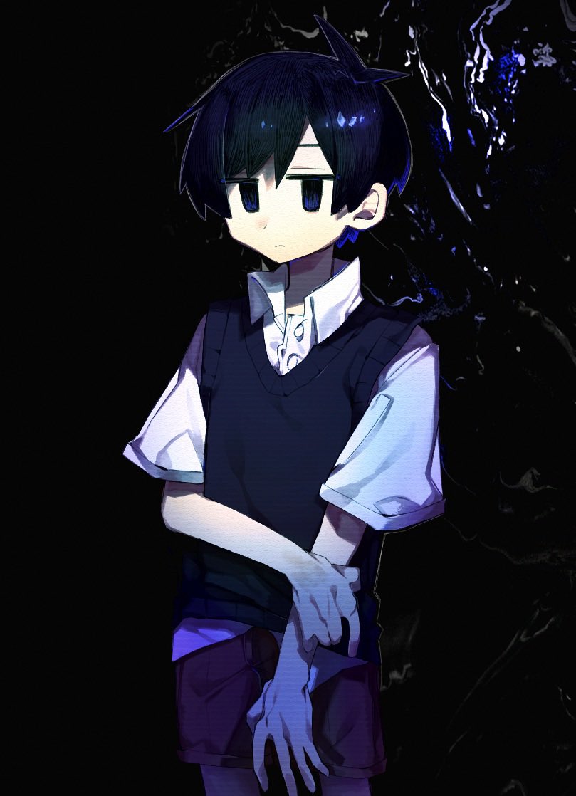 1boy alternate_eye_color antenna_hair black_background black_hair black_sweater_vest blue_eyes brown_shorts buttons closed_mouth collared_shirt cowboy_shot crmmm91 empty_eyes expressionless hair_between_eyes hand_on_own_arm hashtag-only_commentary jitome male_focus no_sclera omori pale_skin shirt short_hair short_sleeves shorts simple_background solo standing sunny_(omori) sweater_vest white_shirt
