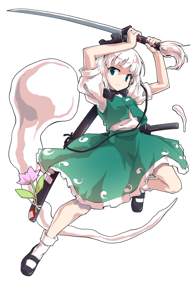 1girl arms_up black_bow black_bowtie black_shoes blunt_bangs bow bowtie closed_mouth collared_shirt commentary_request dairi frilled_skirt frills full_body green_eyes green_skirt green_vest holding holding_sword holding_weapon katana konpaku_youmu konpaku_youmu_(ghost) large_variant_set looking_at_viewer mary_janes shirt shoes short_hair short_sleeves skirt skirt_set socks solo standing standing_on_one_leg sword tachi-e touhou variant_set vest weapon white_hair white_shirt white_socks