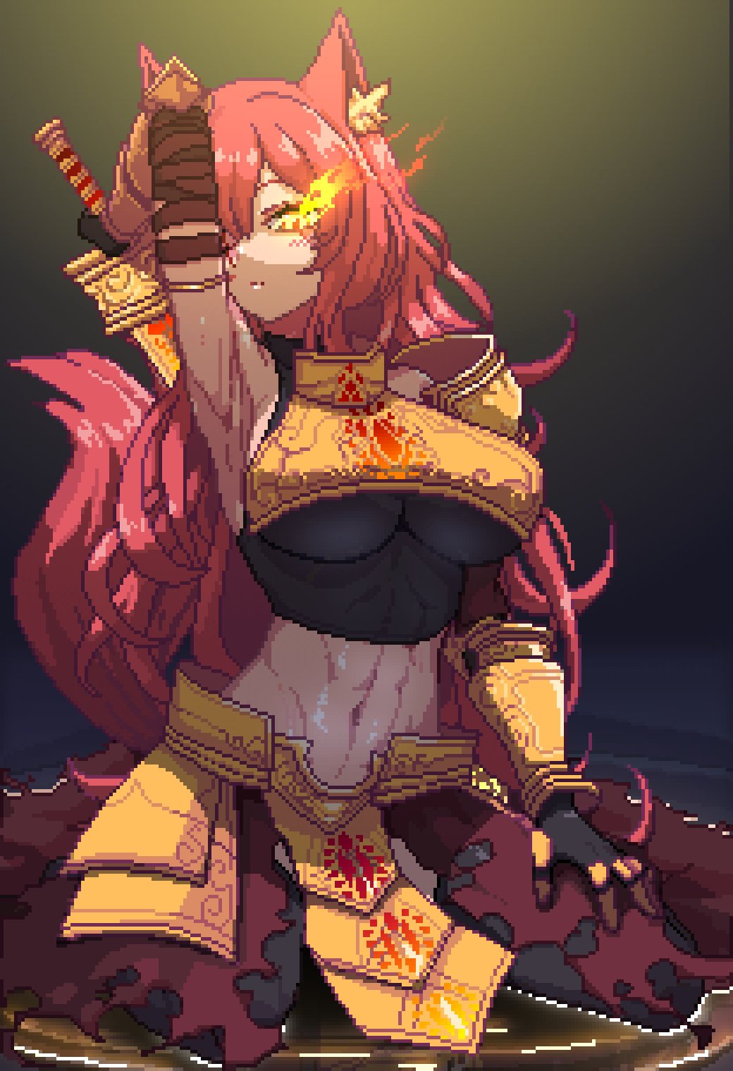 abs animal_ears armor armpits blue_heater_2 glowing glowing_eyes gold_armor highres holding holding_weapon laveisor non-web_source onatsurat pixel_art red_hair roblox shoulder_armor sitting_on_water skin_tight sleeveless sleeveless_turtleneck_sweater tail weapon wolf_ears wolf_girl wolf_tail yellow_eyes