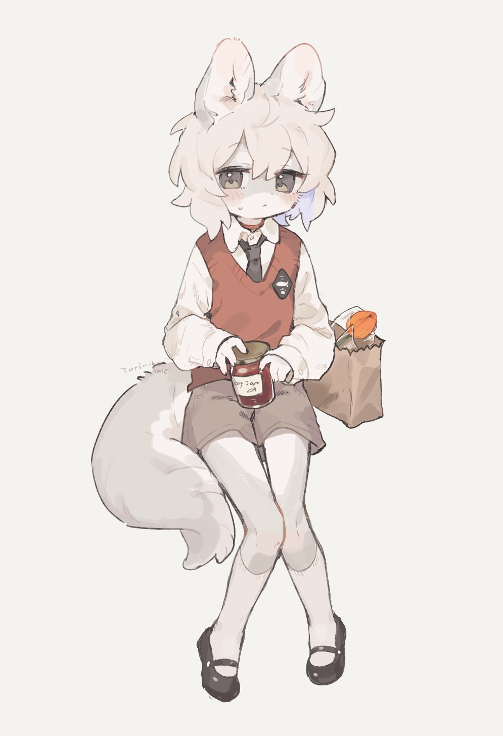 1girl animal_ears bag black_eyes black_necktie black_shoes brown_shorts collared_shirt dog_ears dog_girl dog_tail emblem full_body furry furry_female gomafuto highres holding holding_jar jam jar kneehighs looking_at_viewer mary_janes necktie original paper_bag red_sweater_vest red_vest shirt shoes short_hair shorts simple_background socks solo sweatdrop sweater_vest tail vest white_background white_hair white_shirt white_socks