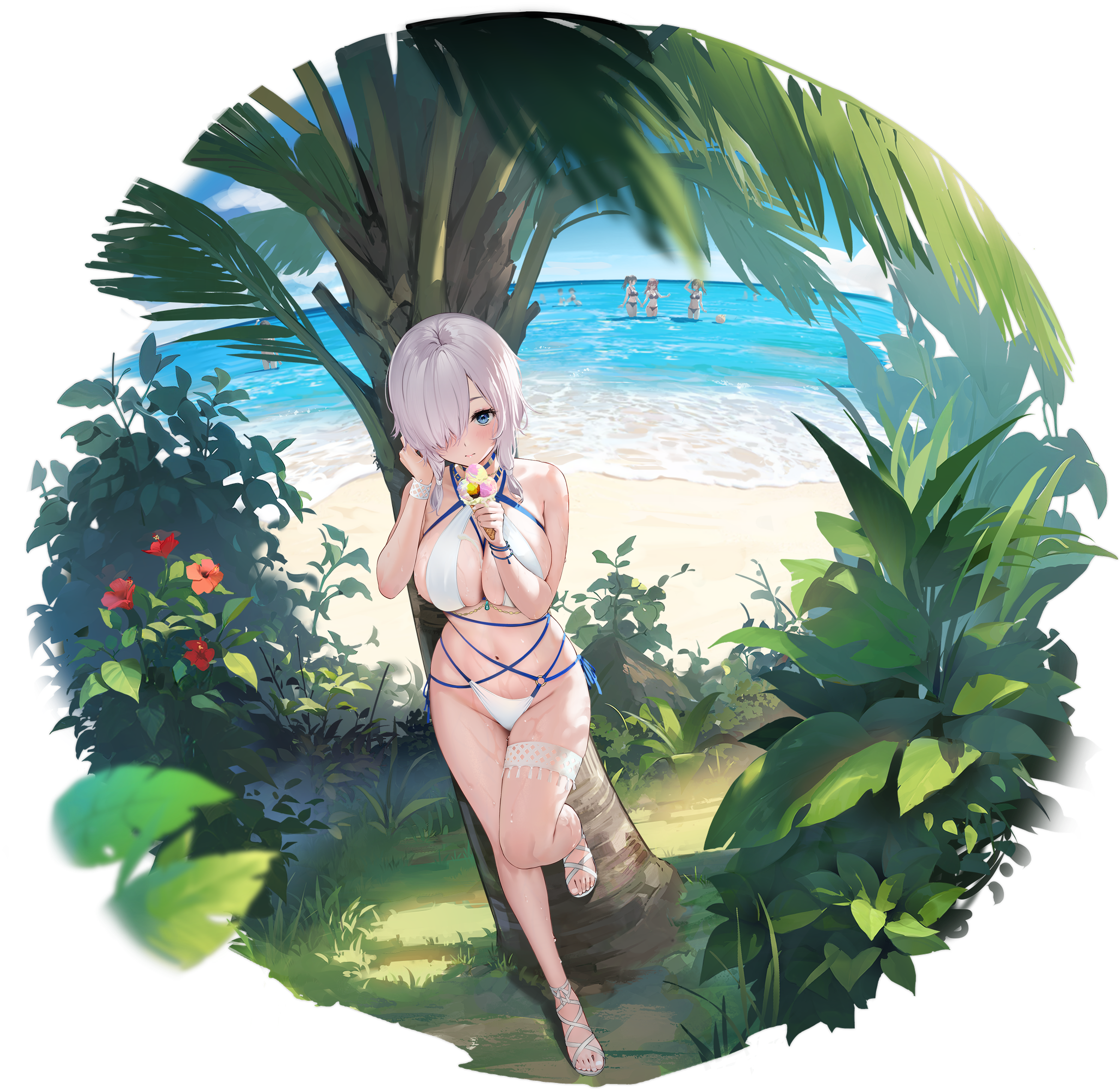 4girls absurdres artist_request azur_lane beach bikini blue_choker blue_eyes bracelet breasts choker coconut_tree dead_or_alive dead_or_alive_xtreme food grass groin hair_over_eyes highres holding holding_food ice_cream jewelry large_breasts looking_at_viewer luna_(doa) luna_(venus_of_the_beach)_(doa) mery_(yangmalgage) multiple_girls navel non-web_source ocean official_art palm_tree panties plant stomach swimsuit thigh_strap thighs transparent_background tree underwear white_bikini white_footwear white_hair white_panties wristband