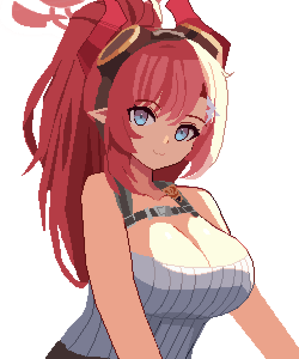 1girl :3 bare_shoulders blue_archive blue_eyes breasts cleavage closed_mouth commentary demon_girl demon_horns goggles goggles_on_head halo highres horns large_breasts long_hair megu_(blue_archive) pixel_art pointy_ears ponytail red_halo red_horns shirt sidelighting sidelocks simple_background sleeveless sleeveless_shirt smile solo tinia_etru upper_body white_background white_shirt