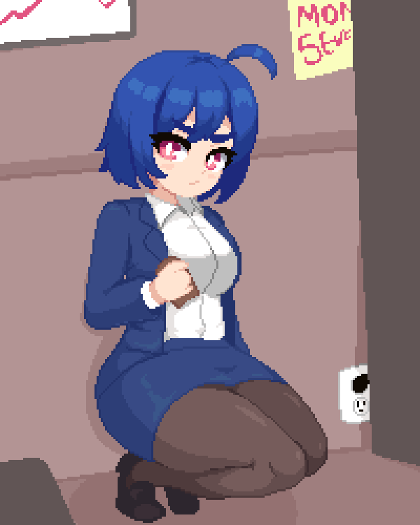 1girl blue_hair blue_jacket blue_skirt blush breasts formal_clothes holding jacket long_sleeves looking_at_viewer medium_breasts minimilieu office office_lady open_clothes open_jacket original pantyhose pink_eyes pixel_art shirt short_hair skirt skirt_suit skye_(hcnone) smile solo squatting suit white_shirt