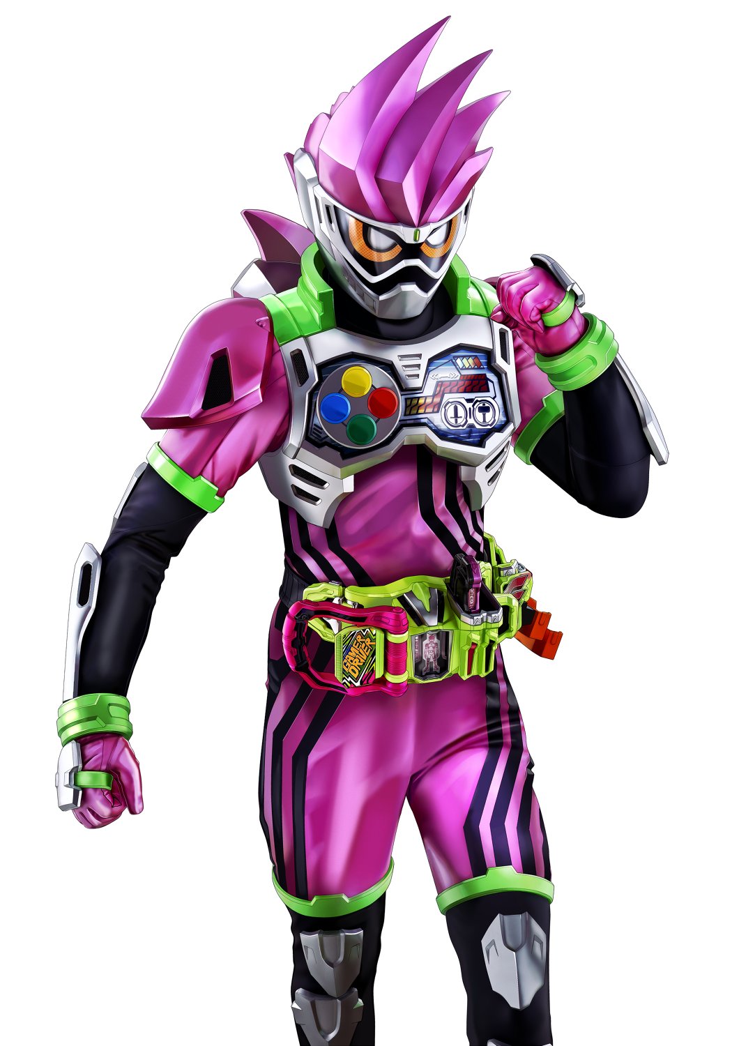 1boy clenched_hands commentary_request controller rider_belt game_controller gamepad gamer_driver highres holster kamen_rider kamen_rider_ex-aid kamen_rider_ex-aid_(series) looking_at_viewer male_focus masukudo_(hamamoto_hikaru) mighty_action_x_level_2 rider_belt rider_gashat simple_background solo tokusatsu white_background