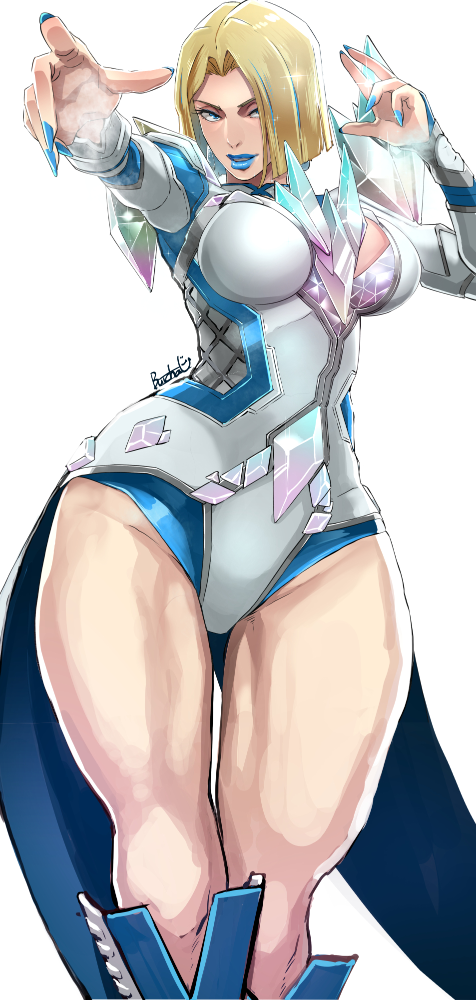 1girl blonde_hair blue_lips blue_nails boots breasts butcha-u cleavage coattails crystal diamond_(gemstone) emma_frost fingernails highres knee_boots large_breasts leotard long_fingernails looking_at_viewer marvel marvel_rivals simple_background solo thick_thighs thigh_gap thighs x-men