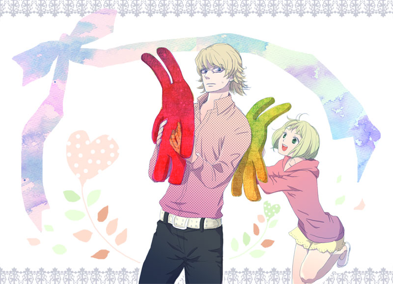10s 1boy 1girl barnaby_brooks_jr. blonde_hair hood hoodie huang_pao-lin imamiya stuffed_animal stuffed_rabbit stuffed_toy tiger_&amp;_bunny
