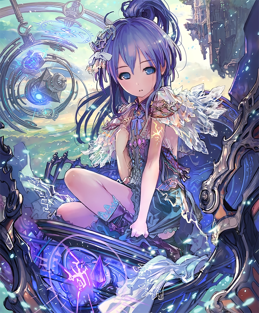 1girl blue_dress blue_skirt boots cape dress gorilla_(mushimushiland) hair_ornament legs looking_at_viewer purple_hair shadowverse shingeki_no_bahamut skirt spinaria_(shingeki_no_bahamut)