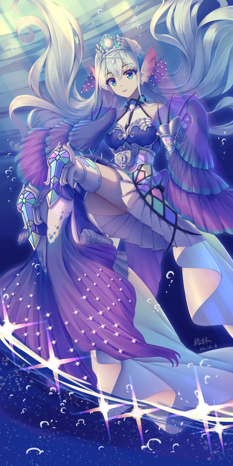 blue_eyes blue_hair breasts bubble detached_sleeves duel_monster fins hair_between_eyes head_fins highres kitkallos_(yu-gi-oh!) light_blue_hair lock long_hair mechrailgun medium_breasts skirt sleeves_past_wrists smile tearlaments_kitkallos thighhighs thighs tiara yu-gi-oh!