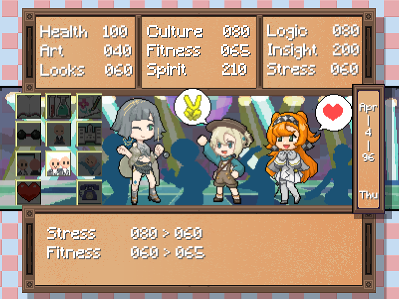 3girls :d ;) arm_up bakki black_skirt blue_eyes blue_shrug blunt_bangs blunt_ends boater_hat bob_cut brown_footwear brown_hat checkered_background checkered_hairband deformed dress feather_boa full_body gameplay_mechanics gloves green_eyes grey_footwear grey_hair grey_shorts grey_tank_top hair_rings hairband hand_up hands_up hat heart holding holding_pendulum leg_tattoo long_hair matilda_bouanich matilda_bouanich_(the_genius&#039;s_holiday) mercuria_(reverse:1999) midriff miniskirt multiple_girls official_alternate_costume one_eye_closed open_mouth orange_hair overall_shorts overalls pants pants_under_dress pendulum pixel_art reverse:1999 short_hair shorts shrug_(clothing) skirt smile sonetto_(reverse:1999) speech_bubble spoken_heart spoken_v standing tank_top tattoo two_side_up user_interface white_dress white_gloves white_pants