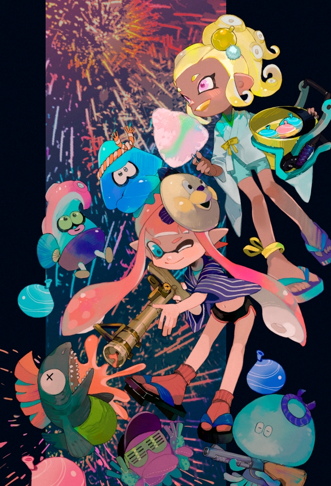 2girls anklet bamboozler_14_(splatoon) black_shoes black_shorts blonde_hair blue_eyes blue_shoes blue_shorts burst_bomb_(splatoon) chum_(splatoon) closed_mouth colored_tongue commentary_request cotton_candy dark-skinned_female dark_skin dj_octavio fang flip-flops food full_body geta hair_ornament holding holding_cotton_candy holding_food holding_weapon inkling inkling_girl inkling_player_character jellyfish_(splatoon) jewelry long_hair mask mask_on_head midriff multiple_girls navel nintendo octarian_(enemy) octoling octoling_girl octoling_player_character octotrooper one_eye_closed open_mouth panchicchi_(pixiv_101958735) pink_eyes pink_hair pointy_ears pom_pom_(clothes) pom_pom_hair_ornament ponytail salmonid sandals shoes short_hair shorts slosher_(splatoon) smile splatoon_(series) tabi takoyaki_hair_ornament tentacle_hair twintails weapon yellow_tongue