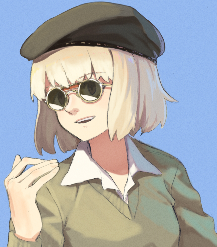 1girl beret blonde_hair blue_background bob_cut cecilia_glinda_miles collared_shirt commentary_request eyebrows_hidden_by_hair green_hat green_sweater grin hat long_sleeves looking_at_viewer open_mouth round_eyewear shiratama_(hockey) shirt short_hair simple_background smile solo sunglasses sweater teeth upper_body upper_teeth_only v-neck white_shirt witches_of_africa world_witches_series yellow-framed_eyewear