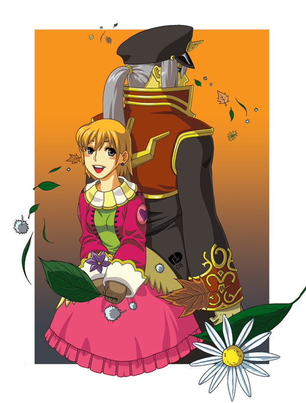 1boy 1girl back-to-back black_coat black_hat blonde_hair breasts brown_gloves coat cokeboy commentary cowboy_shot earrings english_commentary flower gloves gold_trim green_shirt grey_eyes grey_hair hat heart jacket jewelry leaf long_hair long_sleeves looking_at_viewer medium_breasts merchant_(ragnarok_online) multicolored_coat open_clothes open_jacket open_mouth orange_background peaked_cap pink_jacket pink_skirt priest_(ragnarok_online) purple_flower ragnarok_online red_coat shirt short_hair skirt smile stud_earrings two-tone_coat white_flower