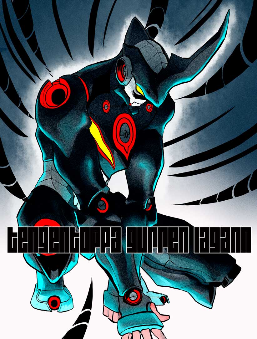 00s arm_support armor bad_id bad_pixiv_id copyright_name gradient_background horns katoh katou_(hyaena) lazengann looking_down mecha no_humans robot single_horn solo squatting tengen_toppa_gurren_lagann yellow_eyes