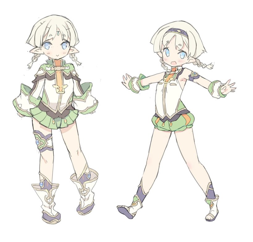 1girl :&gt; blade_(galaxist) blonde_hair blue_eyes blush braid child circlet concept_art elf full_body hairband juno_bernal looking_at_viewer multiple_views official_art open_mouth pointy_ears pop-up_story short_shorts shorts simple_background smile twin_braids white_background