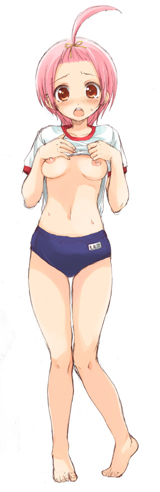 00s 1girl ahoge barefoot blush breasts buruma clothes_lift d: female_focus gym_uniform kuzuryuu_momoko long_image navel nipples open_mouth pigeon-toed pink_hair red_eyes sakura_koharu shirt_lift short_hair solo sumomomo_momomo sweat tall_image