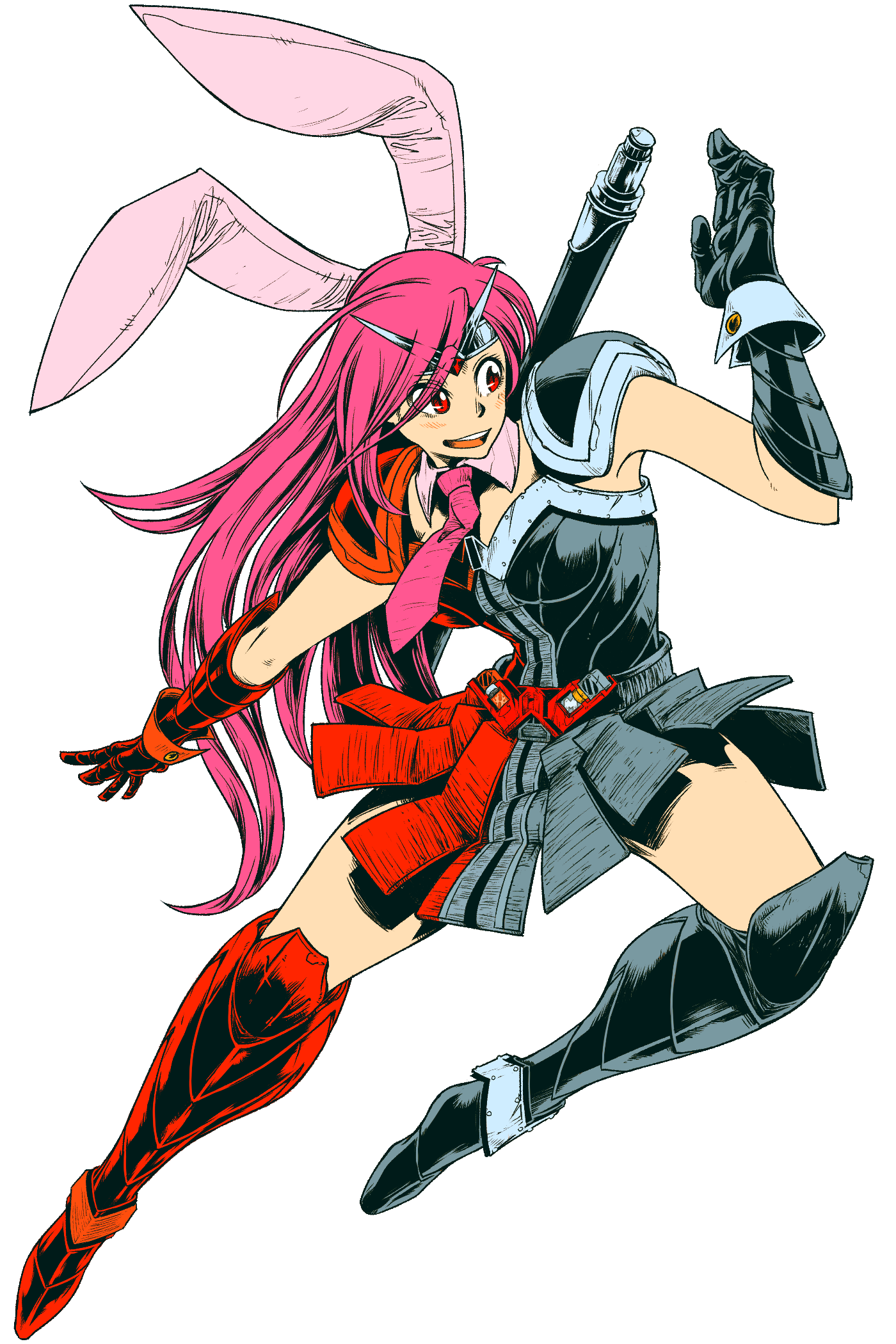 1girl animal_ears armor armored_boots armored_dress boots collar commentary_request cookie_(touhou) cosplay detached_collar dress full_body gauntlets highres hisui_(cookie) jumping kamen_rider kamen_rider_double kamen_rider_double_(cosplay) kamen_rider_double_(heat/metal) kamen_rider_w long_hair looking_afar necktie open_mouth pauldrons pink_collar pink_hair pink_necktie rabbit_ears rabbit_girl red_armor red_eyes reisen_udongein_inaba shoulder_armor simple_background smile solo touhou ukiwagirl very_long_hair