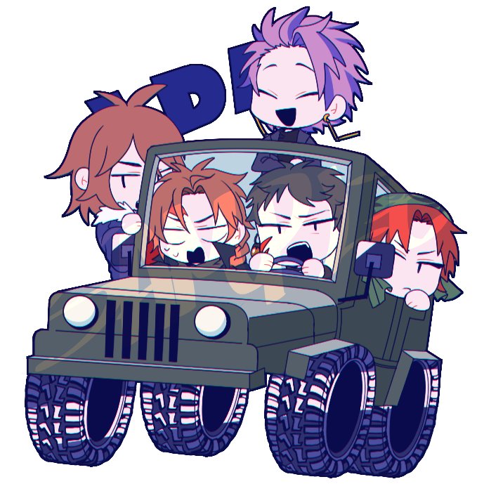 1girl 4boys annie_(saibou_shinkyoku) antenna_hair bandana black02200059 black_hair black_jacket black_shirt blank_eyes blue_hair braid brown_hair car chibi chibi_only chinese_commentary closed_eyes commentary_request crossed_arms curtained_hair dreyfus_zweig driving earrings fur-trimmed_jacket fur_trim green_bandana harada_minoru isoi_reiji jacket jewelry medium_hair military_jeep motor_vehicle multicolored_hair multiple_boys no_gloves open_clothes open_jacket open_mouth parted_bangs purple_hair red_hair saibou_shinkyoku scar scar_on_face scar_on_forehead scared shirt short_hair side_braid single_braid smile theodore_riddle two-tone_hair white_background