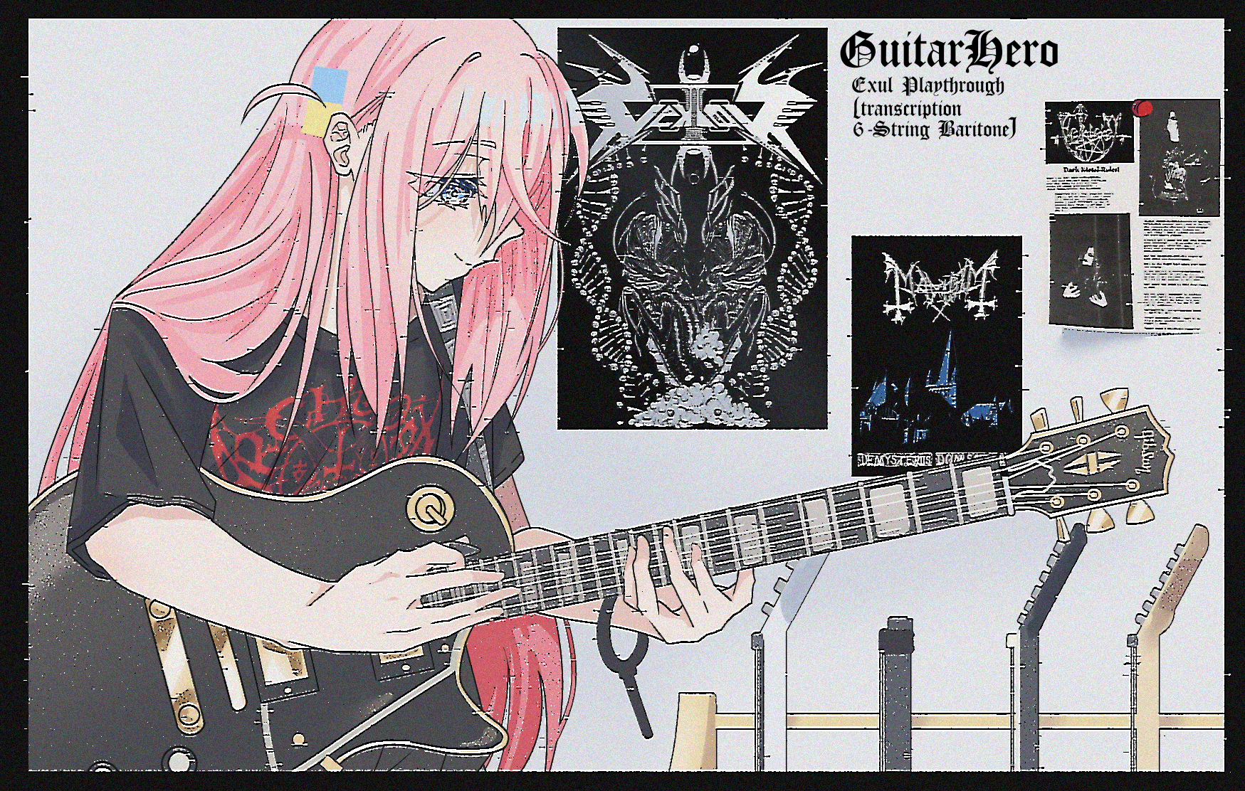 1girl ahoge archgoat_(band) bethlehem_(band) black_metal black_shirt blue_eyes bocchi_the_rock! cube_hair_ornament electric_guitar gibson_les_paul gotoh_hitori guitar hair_ornament heavy_metal highres holding holding_plectrum instrument irreligiositat long_hair mayhem_(band) pink_hair playing_guitar playing_instrument plectrum poster_(object) print_shirt shirt vektor_(band) white_background