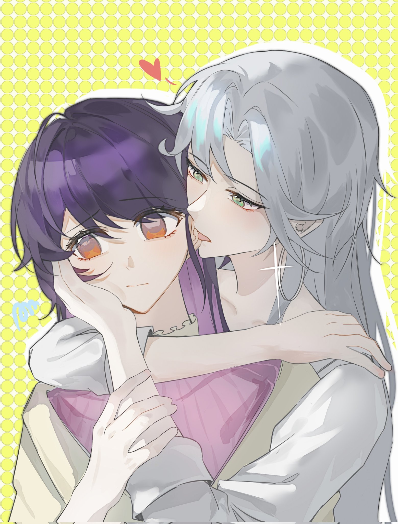 2girls arms_around_neck chinese_commentary closed_mouth commentary_request ear_licking earrings green_eyes hand_on_another's_face heart highres hoop_earrings hug hug_from_behind iris_wen jewelry koaok licking long_hair love_curse:_find_your_soulmate multiple_girls orange_eyes outline pink_sweater purple_hair selene_yan squiggle sweater tongue tongue_out upper_body white_hair white_outline yellow_background yuri