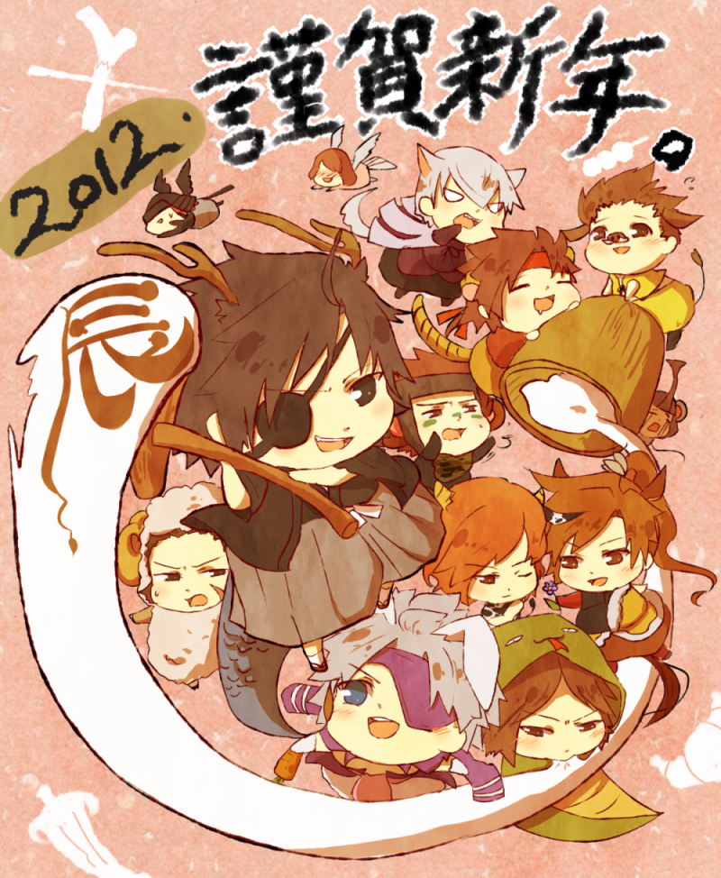 2012 2girls 6+boys :d animal_costume animal_ears brown_hair chousokabe_motochika_(sengoku_basara) cone_horns dragon_boy dragon_horns dragon_tail eyepatch food fuuma_kotarou_(sengoku_basara) grey_hair horns ishida_mitsunari_(sengoku_basara) katakura_kojuurou_(sengoku_basara) long_hair looking_at_viewer maeda_keiji_(sengoku_basara) male_focus mochi mochi_trail monkey_boy monkey_ears mouri_motonari_(sengoku_basara) muchiwo multiple_boys multiple_girls nengajou new_year open_mouth orange_hair pink_background ponytail rabbit_boy rabbit_ears saika_magoichi_(sengoku_basara) sanada_yukimura_(sengoku_basara) sarutobi_sasuke_(sengoku_basara) sengoku_basara sheep_costume short_hair smile tail tiger_boy tiger_ears tiger_tail tokugawa_ieyasu_(sengoku_basara) tsuruhime_(sengoku_basara)