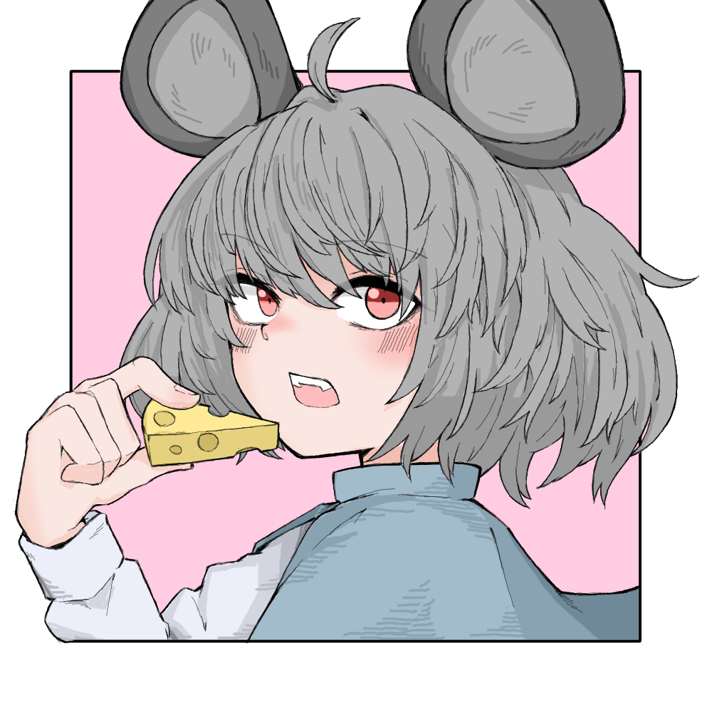 1girl ahoge animal_ears blue_capelet border capelet cheese fe_(tetsu) food grey_hair long_sleeves looking_at_viewer mouse_ears nazrin pink_background red_eyes short_hair solo touhou two-tone_background white_background white_border