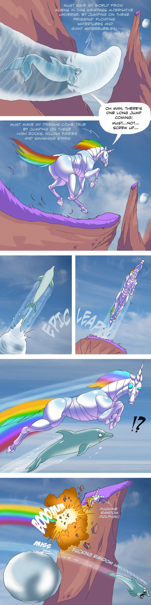 comic dolphin ecco_the_dolphin english_text explosion highres robot_unicorn_attack unicorn