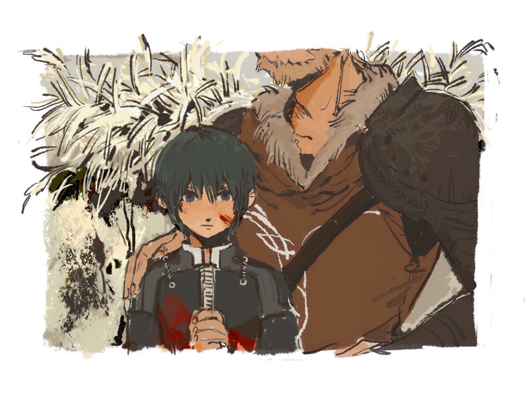 2boys armor belt black_belt black_shirt blood blood_on_face blue_eyes male_byleth_(fire_emblem) chest_belt child closed_mouth collared_shirt commentary english_commentary father_and_son fire_emblem fire_emblem:_three_houses fur-trimmed_collar fur_trim gauntlets green_hair hand_on_another&#039;s_shoulder head_out_of_frame jeralt_reus_eisner looking_ahead male_focus multiple_boys nintendo orange_tunic own_hands_together pauldrons shirt shoulder_armor tunic white_fur youriliquid