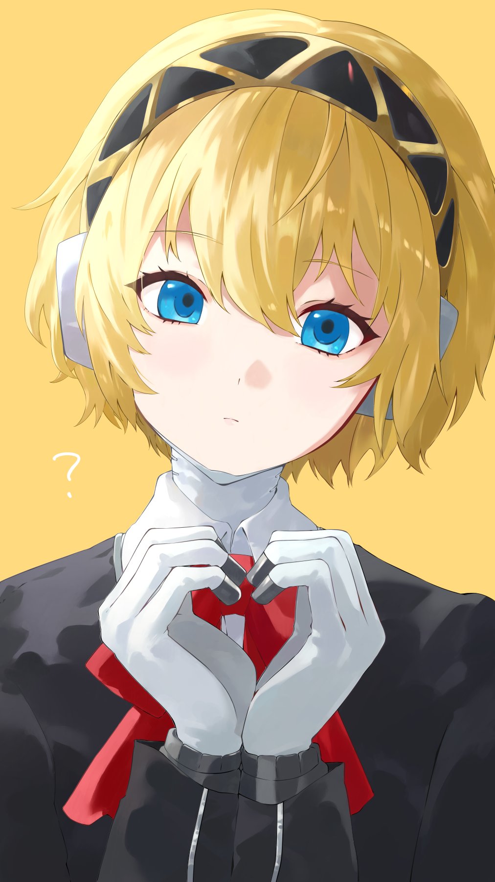 1girl aigis_(persona) android blonde_hair blue_eyes bow bowtie commentary finger_cannon gekkoukan_high_school_uniform hairband headphones heart heart_hands highres konchi_(63438789) looking_at_viewer persona persona_3 red_bow ribbon robot_ears robot_girl school_uniform short_hair simple_background solo symbol-only_commentary